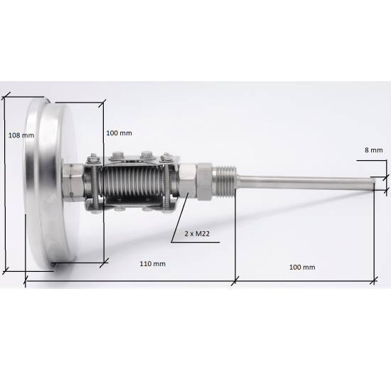 All-stainless steel bimetal thermometer with immersion shaft, threaded - angle connection
