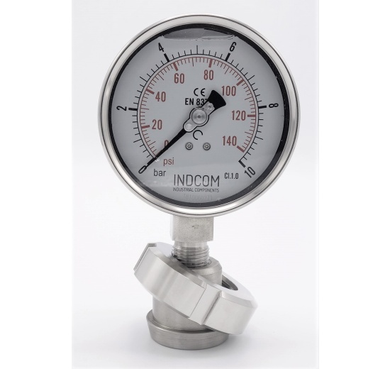 Stainless steel manometer with separating membrane, union DIN 11851, dial 100 mm, Nut DN32 0-10 bar