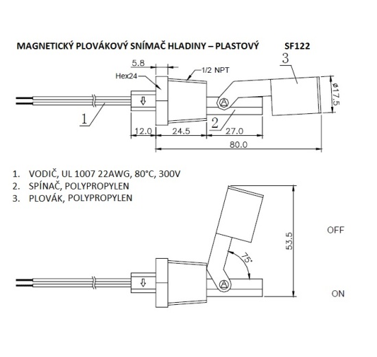 Magnetic float level sensor - plastic