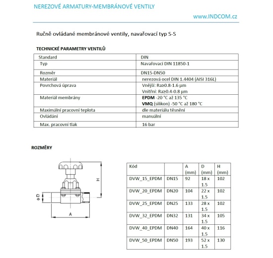 Ručně ovládané membránové ventily, navařovací typ S-S