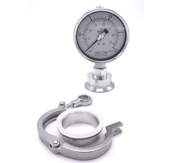 Stainless Steel Pressure Gauge, Dial 100 mm, Sanitary Diaphragm CLAMP DIN 32676 (64 mm) | 0-2,5 bar