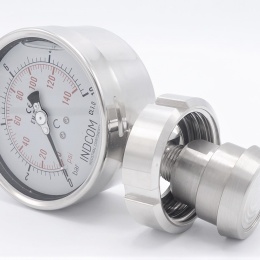 Stainless steel manometer with separating membrane, union DIN 11851 dial 100 mm Nut DN32 0-10 bar