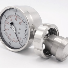 Stainless steel manometer with separating membrane, union DIN 11851, dial 100 mm, Nut DN32 0-2,5 bar