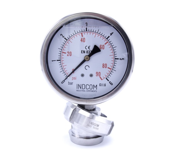 Stainless steel manometer with separating membrane, union DIN 11851, dial 100 mm, Nut DN32 | 0-6 bar