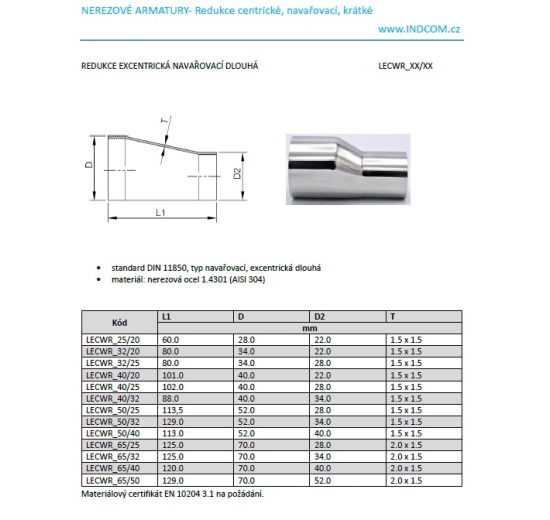 Eccentric reducer, welded, long, stainless steel