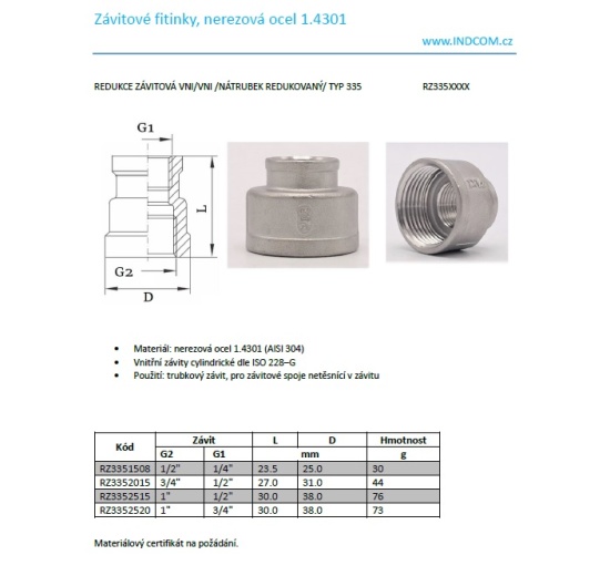 Redukce závitová VNIVNI nátrubek redukovaný typ 335_katalogový list