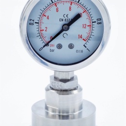 celonerezový tlakoměr s oddělovací membránou, číselník 63 mm, clamp límeček 64 mm, 0-1 bar