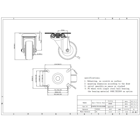 Transport Casters, swivel, stainless steel, diameter 75 mm
