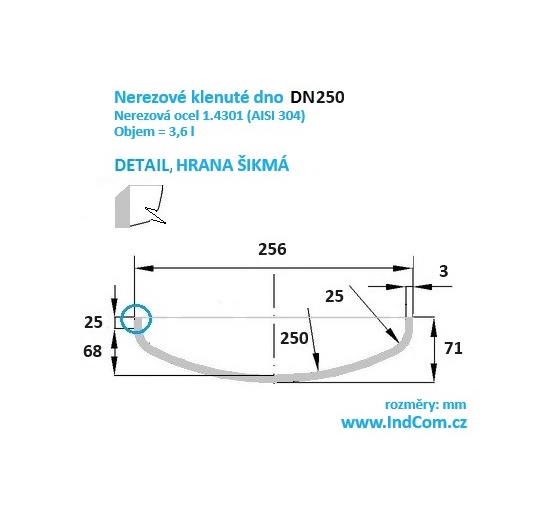 Stainless Steel Dished Bottom DN250 (256x3 mm), beveled edge