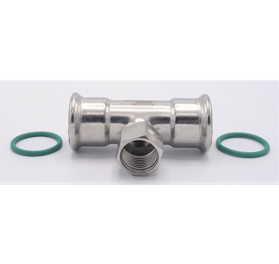 T-kus, nerezový, lisovací F/F(závit vnitřní)/F 28_1/2"_28