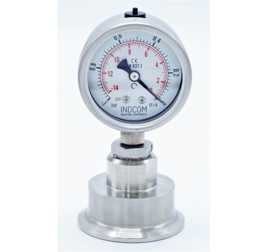 celonerezový tlakoměr s oddělovací membránou, číselník 63 mm, clamp, límeček 64 mm, -1 až 0 barů