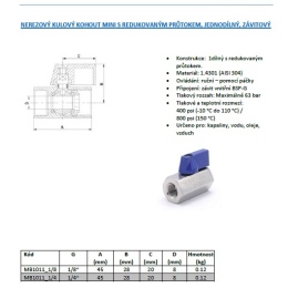 MINI Stainless Steel Ball Valve With Reduced Flow, One-piece, Threaded  1/4”