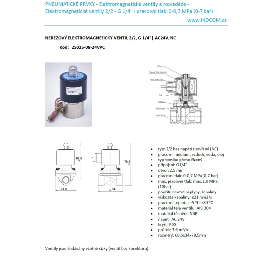 Stainless Steel Solenoid Valve 2/2, G 1/4" AC24V, NC