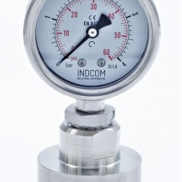 celonerezový tlakoměr s oddělovací membránou, číselník 63 mm, clamp, límeček 64 mm, 0-4 bar