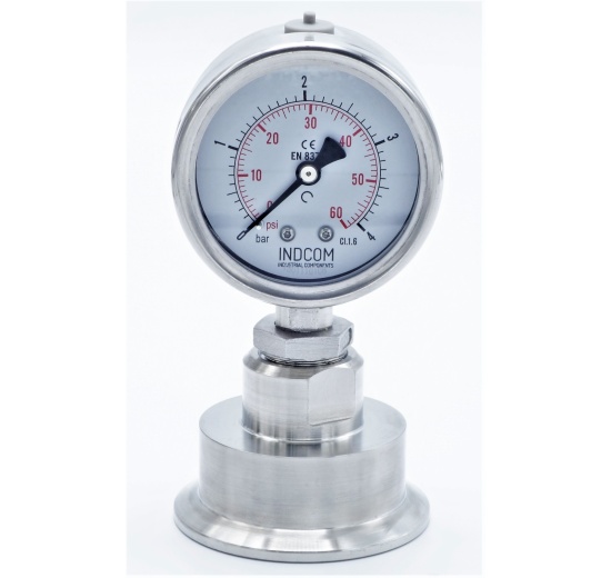 celonerezový tlakoměr s oddělovací membránou, číselník 63 mm, clamp, límeček 64 mm, 0-4 bar