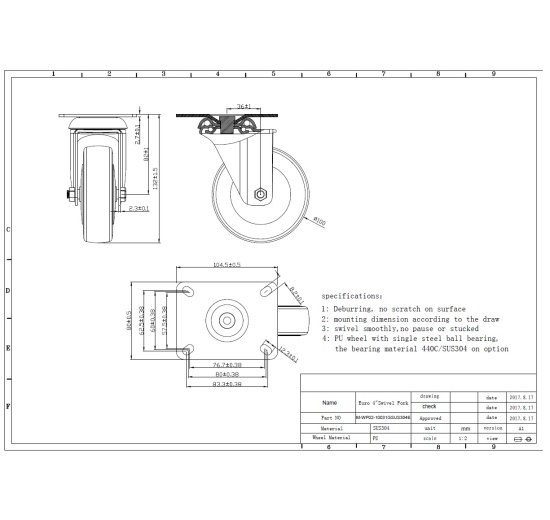 Transport casters, swivel, stainless steel, diameter 100mm