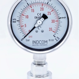 celonerezový tlakoměr s oddělovací membránou clamp (límeček 50,5 mm), číselník 100 mm, 0-2,5 bar