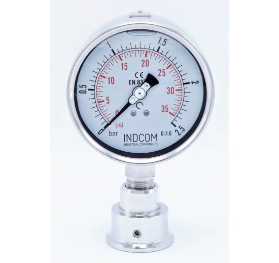 celonerezový tlakoměr s oddělovací membránou clamp (límeček 50,5 mm), číselník 100 mm, 0-2,5 bar