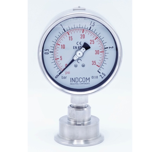 Stainless steel manometer, dial 100 mm, with separating membrane CLAMP DIN32676 - collar 64 mm