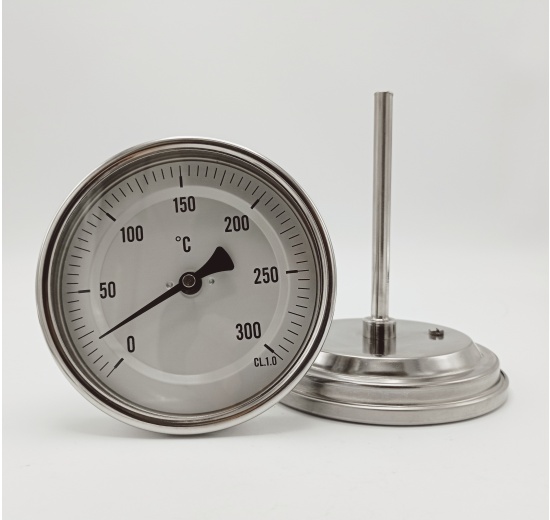 All-stainless steel bimetal thermometer with immersion shaft in well 100 mm