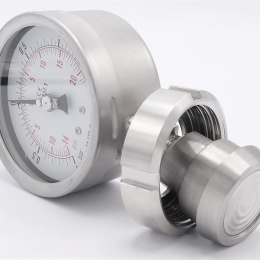 Stainless steel manometer with separating membrane, union DIN 11851, dial 100 mm, Nut DN32 -1/1,5 bar