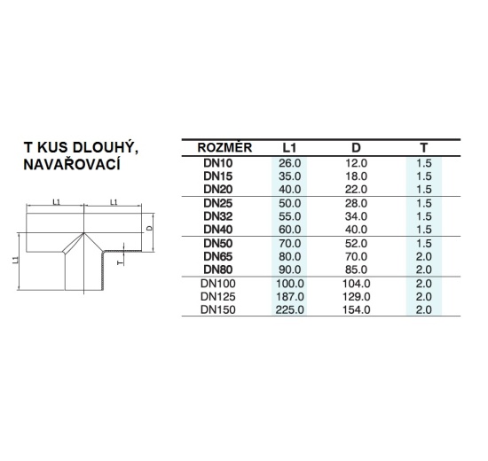 Diameters of T-piece, Long, Welded DN40, stainless steel