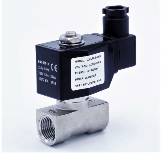 nerezový elektromagnetický ventil, typ 2/2, závit G 1/2", pracovní tlak 0-4 bar