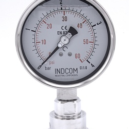 Stainless steel manometer, dial 100 mm, with a sanitary diaphragm CLAMP DIN32676 - collar 50.5 mm