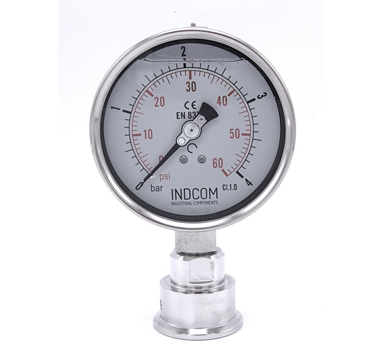 Stainless steel manometer, dial 100 mm, with a sanitary diaphragm CLAMP DIN32676 - collar 50.5 mm