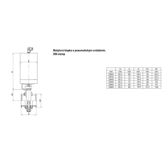 diameters of pneumatically operated butterfly valve