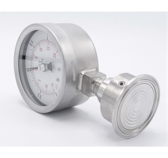 Stainless Steel Pressure Gauge, Dial 100 mm, Sanitary Diaphragm CLAMP DIN 32676 (64 mm) | -1/1.5 bar