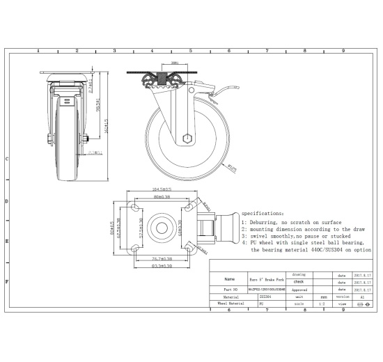 Transport Casters, swivel, with brake, stainless steel, diameter 125 mm