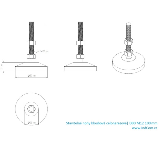 Stainless steel legs, height adjustable, with joint| D80 M12 100 mm_dimensions