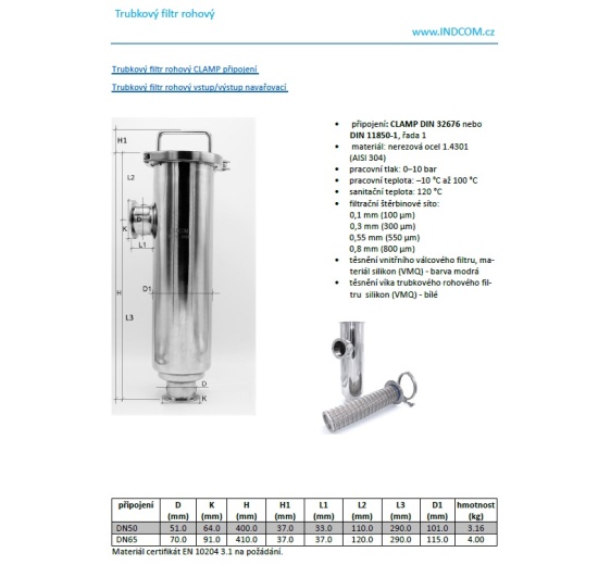 Tubular filter, inlet/outlet connection DN50, welded