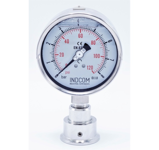 Stainless Steel Pressure Gauge, Dial 100 mm, With Separating Diaphragm CLAMP DIN32676 (50.5 mm) 0-8 bar