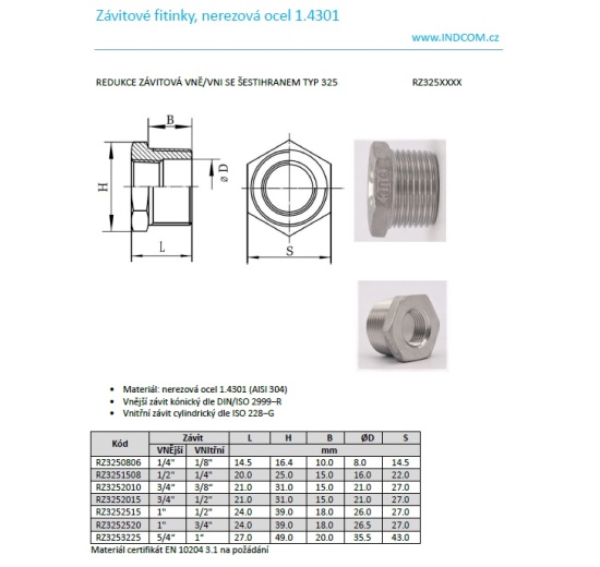 Threaded Reducer M/F / with Hexagon / Type 325, 6/4"x1"