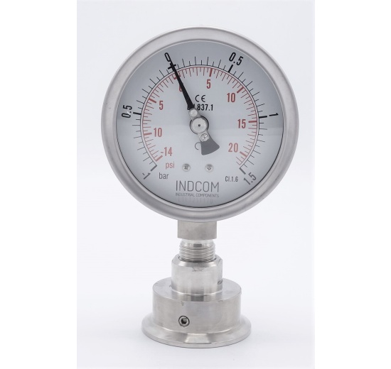 Stainless Steel Pressure Gauge, Dial 100 mm, Sanitary Diaphragm CLAMP DIN 32676 (64 mm) | -1/1.5 bar