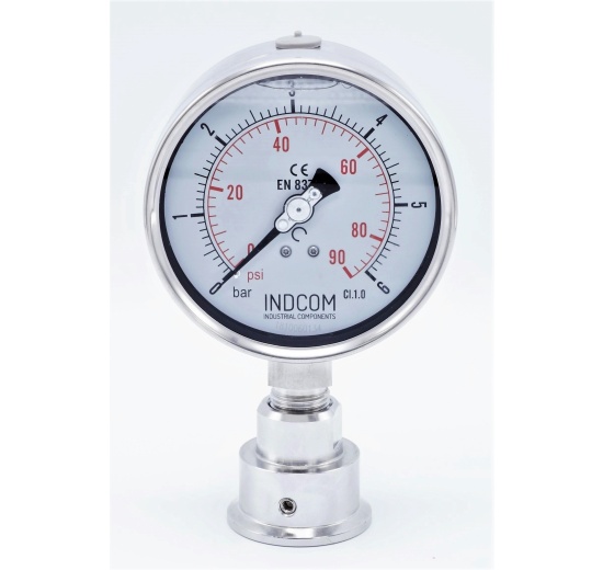 celonerezový tlakoměr s clamp oddělovací membránou (límeček 50,5 mm), číselník 100 mm, 0-6 bar