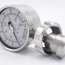 Stainless steel manometer, dial 100 mm, with separating membrane-CLAMP DIN 32676, collar 64 mm 0-16 bar