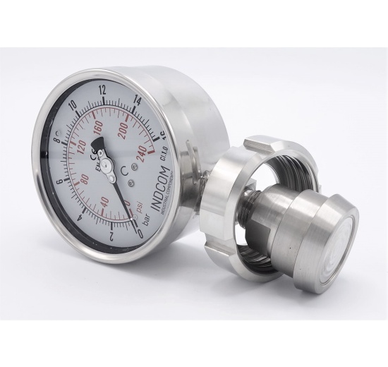 Stainless steel manometer, dial 100 mm, with separating membrane-CLAMP DIN 32676, collar 64 mm 0-16 bar