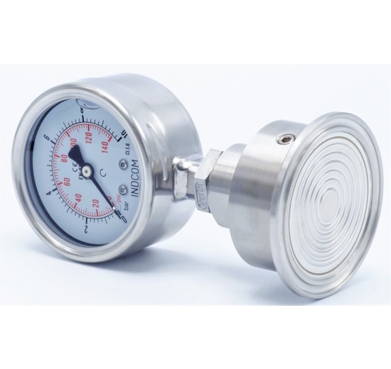 celonerezový manometr s oddělovací membránou, 0-10 bar, číselník 63 mm, límeček 64 mm, clamp připojení