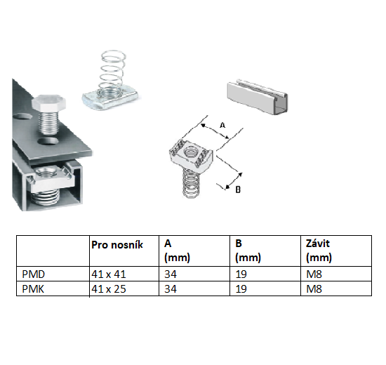 Sliding nut M8 galvanized with long spring (profile 41x41)