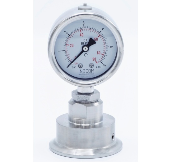 celonerezový tlakoměr s oddělovací membránou, číselník 63 mm, clamp, límeček 64 mm, 0-6 bar