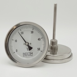 All-stainless bimetallic thermometer with 100 mm immersion shaft, threaded G1/2" BSP