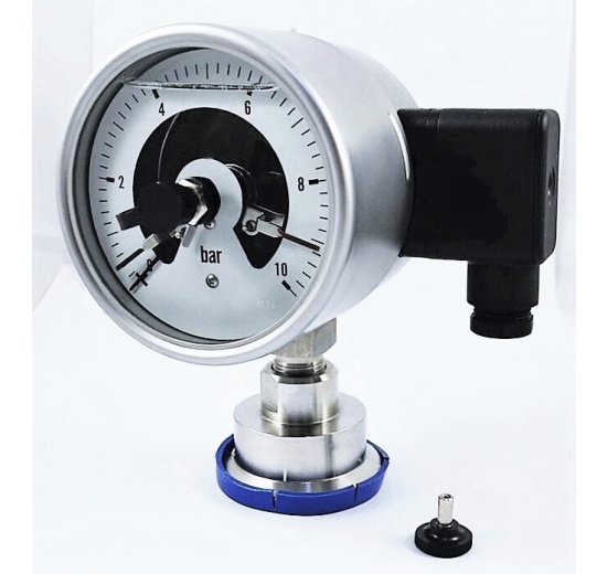 Stainless steel manometer with electrical contacts and separating membrane-clamp, dial 100 mm