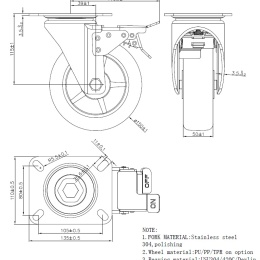 Transport casters, swivel, with brake, stainless steel, diameter 150 mm