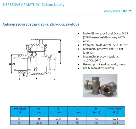 data sheet Stainless steel check valve, floating, threaded 1 1/2"
