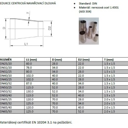 Diameters of reduction welded, concentric DIN DN 25/20