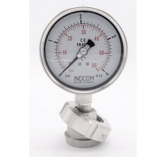 Stainless steel manometer with separating membrane, union DIN 11851, dial 100 mm, Nut DN40 0-4 bar