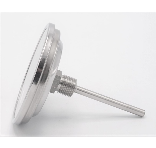 All-stainless steel bimetal thermometer with immersion shaft, threaded